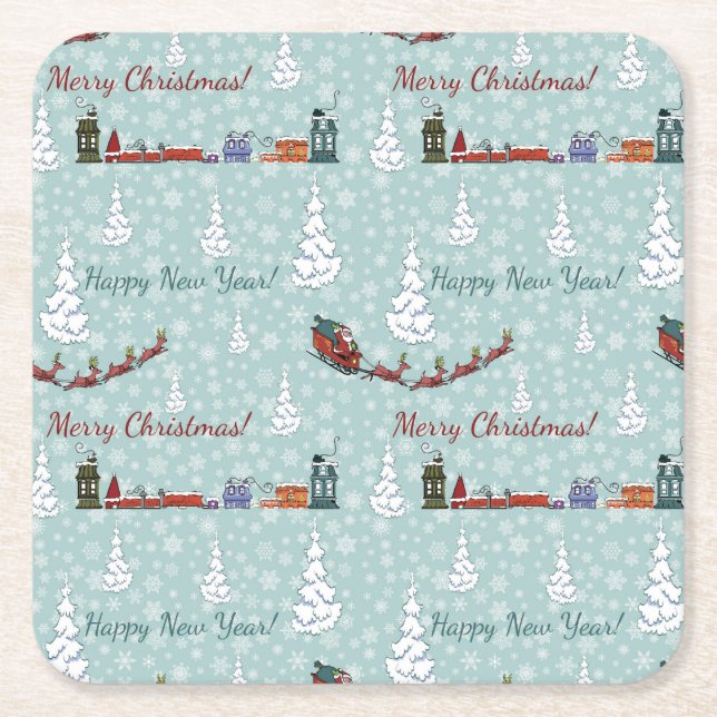 santa reindeer team square paper coaster (Front)