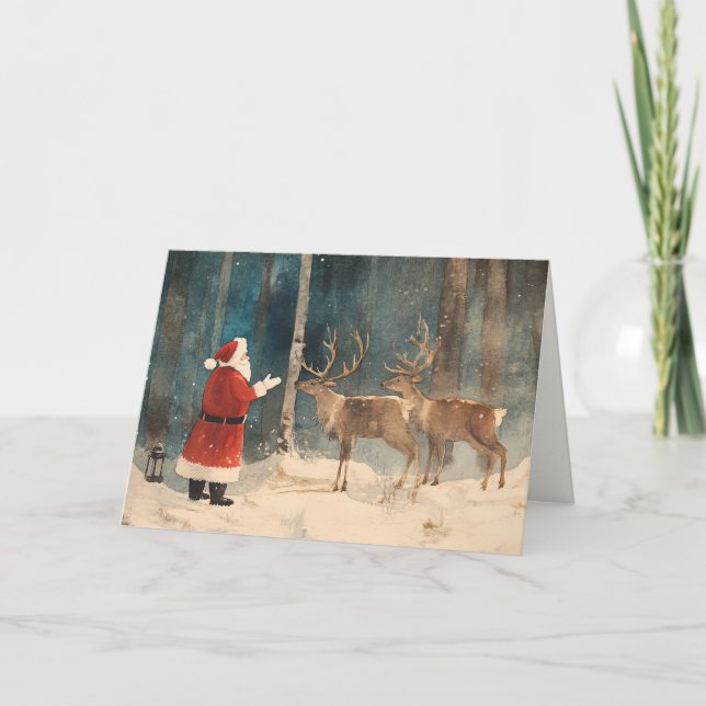 Santa Reindeer Vintage Christmas Holiday Card (Front)