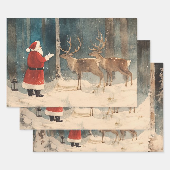 Santa Reindeer Vintage Christmas Wrapping Paper Sheets (Set)