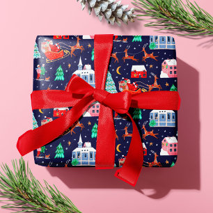 Santa & Reindeers Christmas Night Nordic Village Wrapping Paper