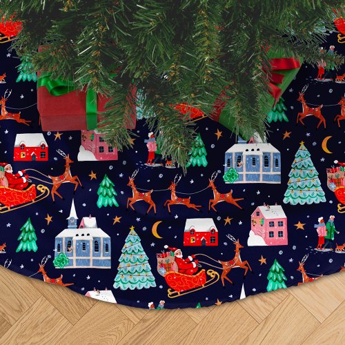Santa  Reindeers Night Christmas Nordic Village Brushed Polyester Tree Skirt
