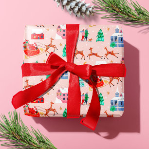 Santa & Reindeers Pink Christmas Nordic Village Wrapping Paper