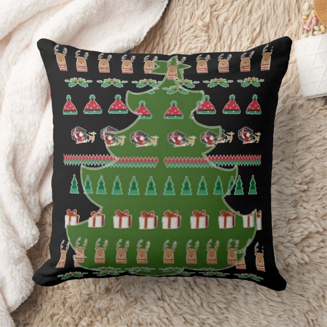 Santa Reindeers Red Green Christmas Trees Throw Pillow (Blanket)