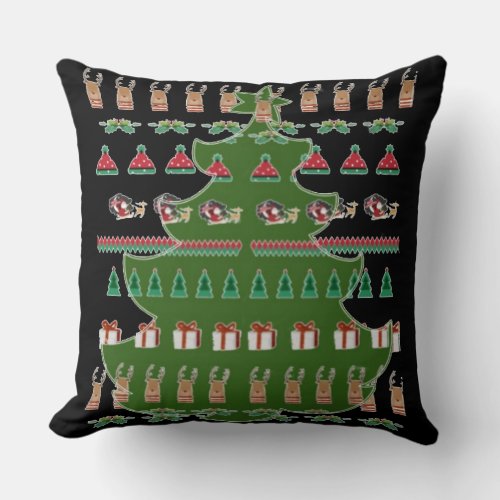 Santa Reindeers Red Green Christmas Trees Throw Pillow