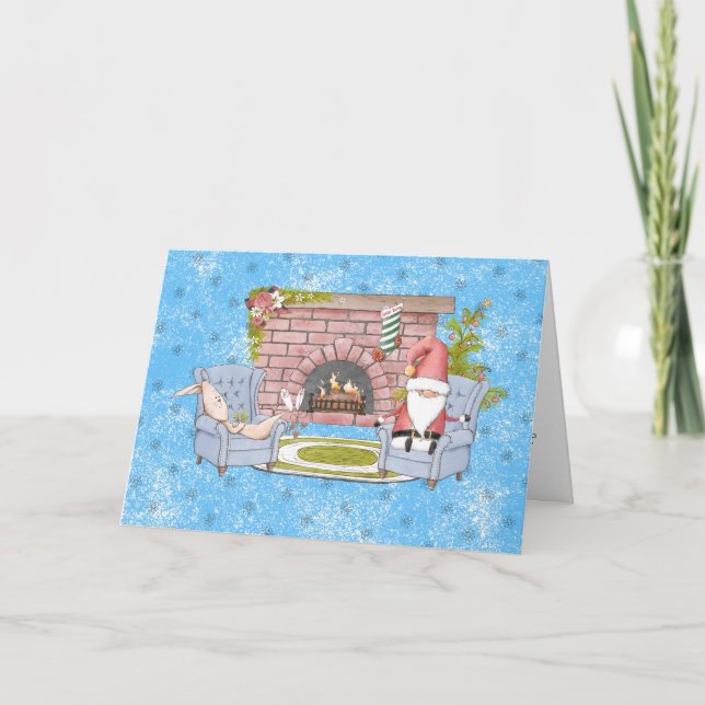 Santa Relaxing by the Fireplace with Easter Bunny  Holiday Card (Front)