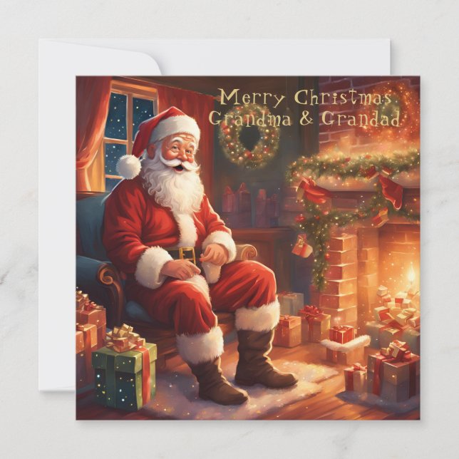 Santa Resting By The Fireplace | Grandma & Grandad Holiday Card (Front)