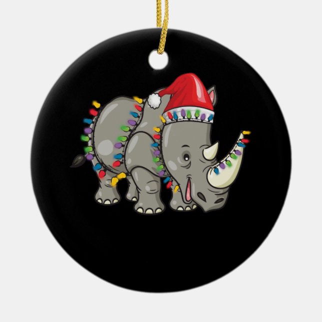 Santa Rhino Christmas Lights Rhino Lover Christmas Ceramic Ornament (Front)