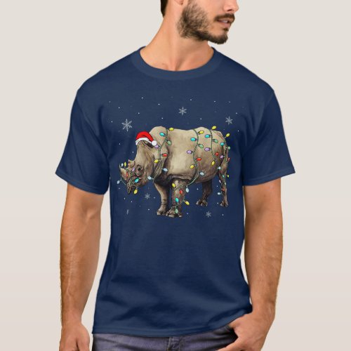 Santa Rhino Christmas Lights Rhino Lover Xmas Funn T_Shirt