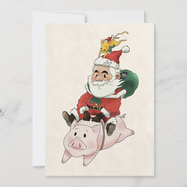 Santa Ridding A Pig With A Mouse Holding On cards  (Front)