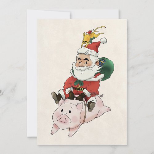Santa Ridding A Pig With A Mouse Holding On cards 