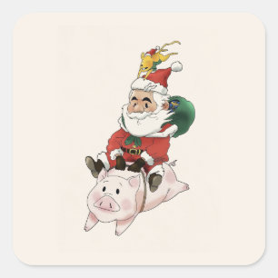 Santa Ridding A Pig With A Mouse Holding On cards Square Sticker