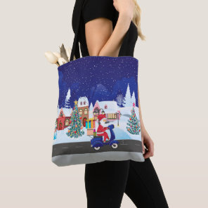 Santa ride scooter in the night town tote bag