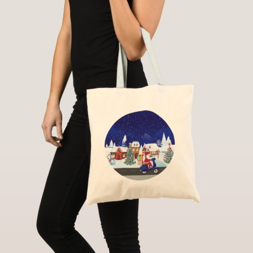Santa ride scooter in the night town tote bag