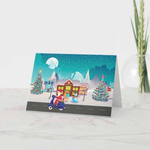 Santa ride scooter in the snowy village card