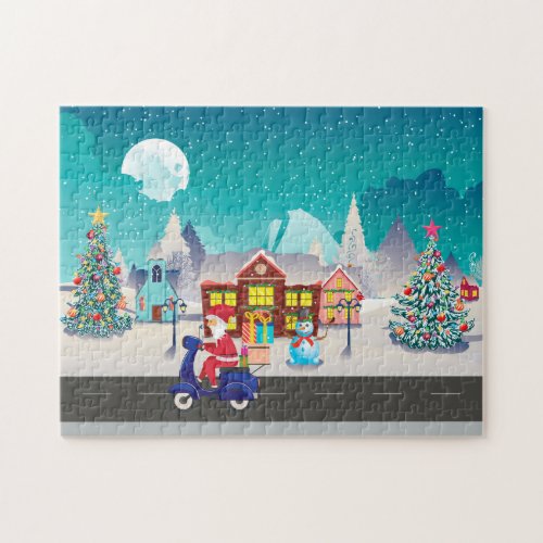 Santa ride scooter in the snowy village jigsaw puzzle
