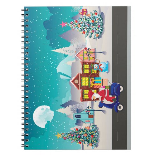 Santa ride scooter in the snowy village notebook