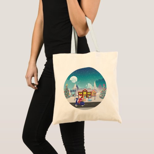 Santa ride scooter in the snowy village tote bag