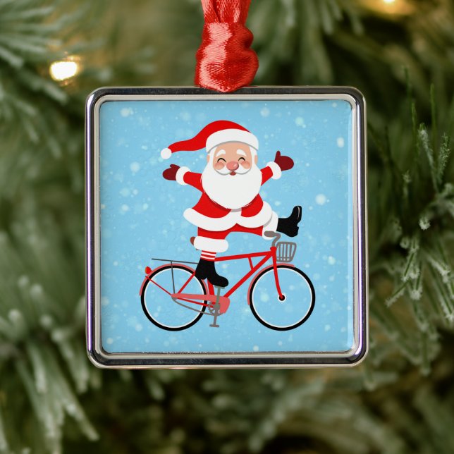 Santa rides a Bicycle Metal Ornament (Tree)