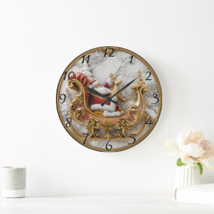 Santa rides a sleigh with reindeer large clock