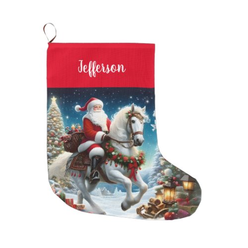 Santa Rides a White Horse Large Christmas Stocking