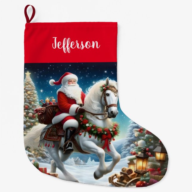 Santa Rides a White Horse Large Christmas Stocking (Front)