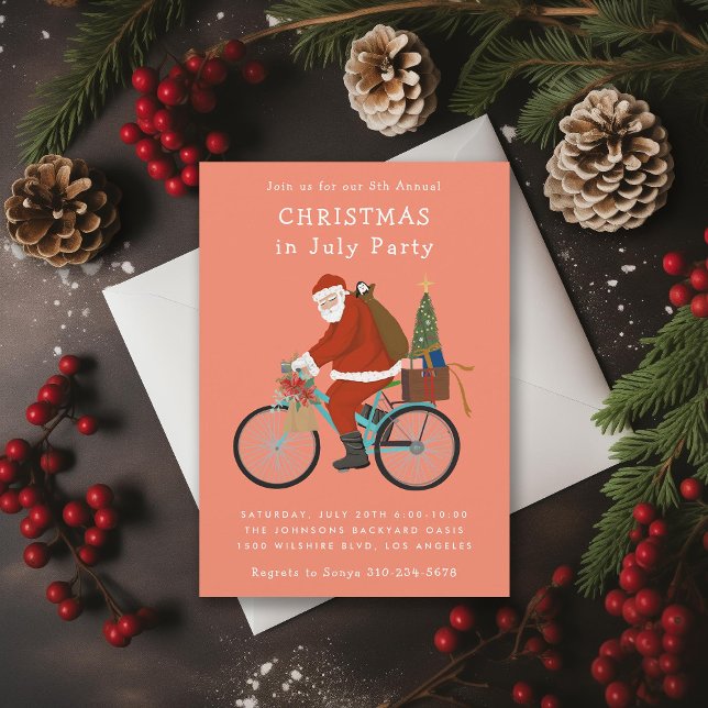 Santa Riding a Bicycle Christmas In July Party Holiday Card (Creator Uploaded)