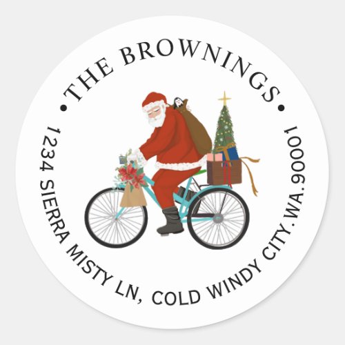 Santa Riding a Bike Christmas Holiday Address Classic Round Sticker