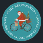 Santa Riding a Bike Christmas Holiday Address Classic Round Sticker<br><div class="desc">Return address Santa on a bicycle with name and address around the circle</div>