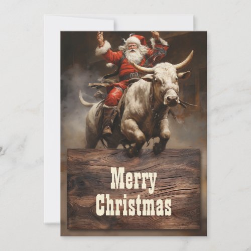 Santa Riding a Bull Holiday Card