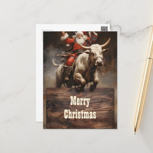Santa Riding a Bull Postcard