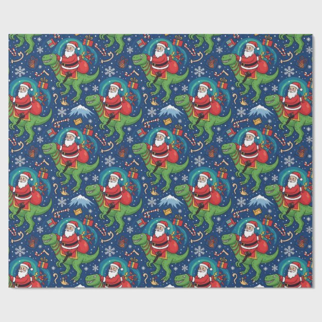 Santa Riding a Dinosaur Funny Christmas Design Wrapping Paper (Flat)