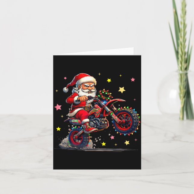 Santa Riding A Dirt Bike Christmas Lights Motocros Card (Front)