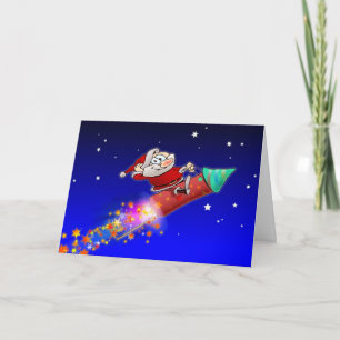 Santa Riding A Fireworks Rocket On A Starry Night Holiday Card