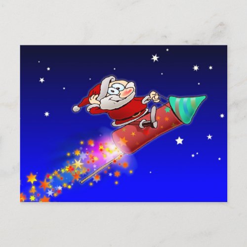 Santa Riding A Fireworks Rocket On A Starry Night Holiday Postcard