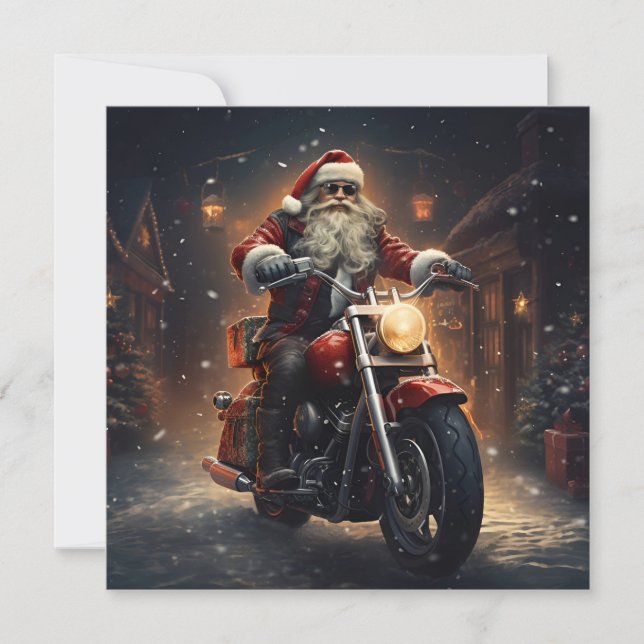 Santa riding a motorcycle holiday greeting card (Front)