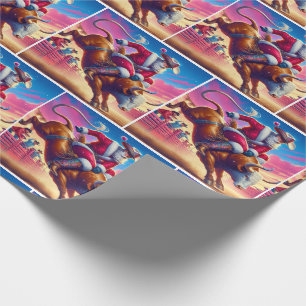 Santa Riding a Rodeo Bull Christmas Wrapping Paper