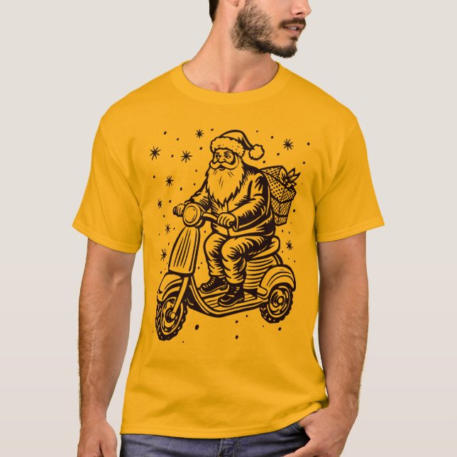 Santa riding A Scooter with Gif boxes design T-Shirt (Front)