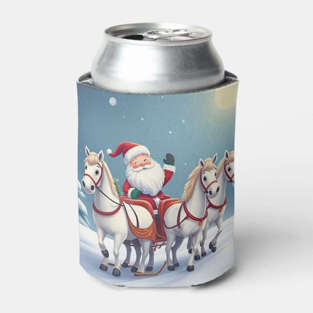 Santa Riding a Sleigh Led by White Horses Can Cooler (Can Front)