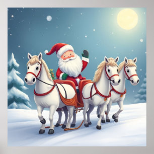 Santa Riding a Sleigh Led by White Horses Poster