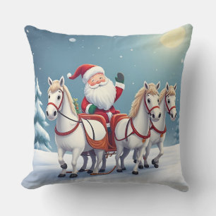 Santa Riding a Sleigh Led by White Horses Throw Pillow