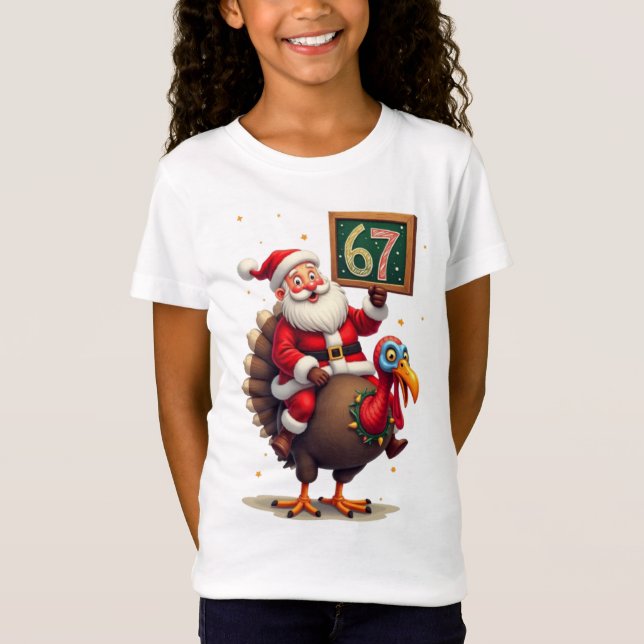 🎅🦃 Santa Riding a Turkey with Number 67 Funny T-Shirt (Front)