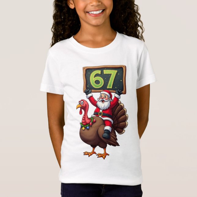 🎅🦃 Santa Riding a Turkey with Number 67 Funny T-Shirt (Front)