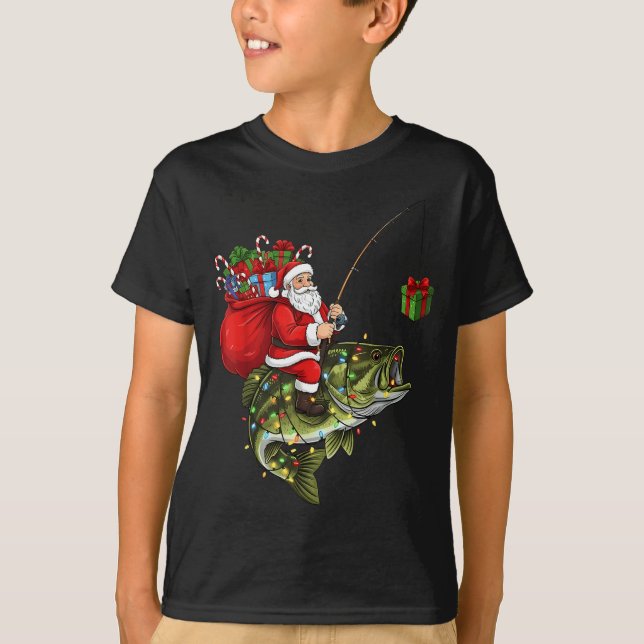 Santa Riding B Fish Christmas Fishing Funny Xmas P T-Shirt (Front)
