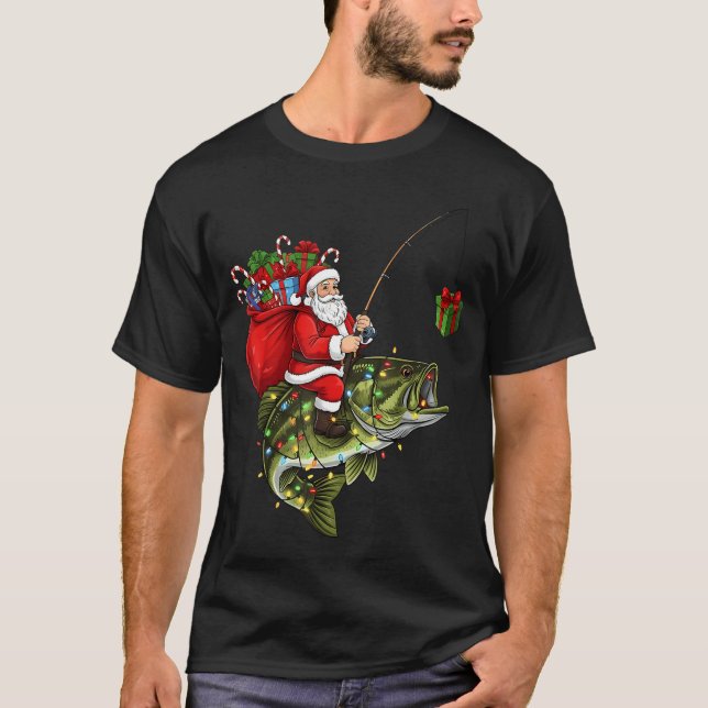 Santa Riding B Fish Christmas Fishing Funny Xmas P T-Shirt (Front)
