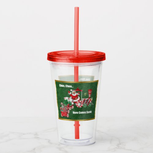 Santa Riding Candy Train Letters Green Gold Acrylic Tumbler