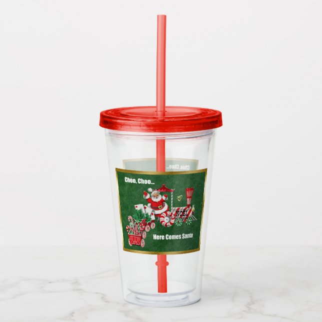Santa Riding Candy Train Letters Green Gold Acrylic Tumbler (Front)