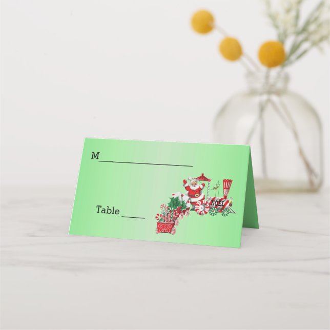 Santa Riding Christmas Train Candy Wheels Green Place Card (Front)