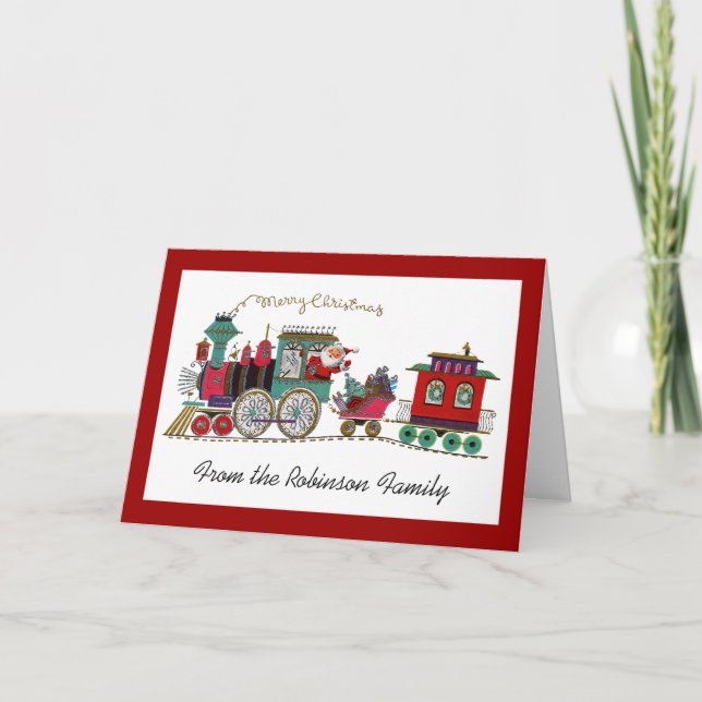 Santa Riding Christmas Train Personalized Cards (Front)