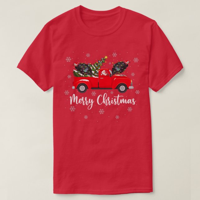 Santa Riding Christmas Tree Truck Guinea Fowl Bird T-Shirt (Design Front)
