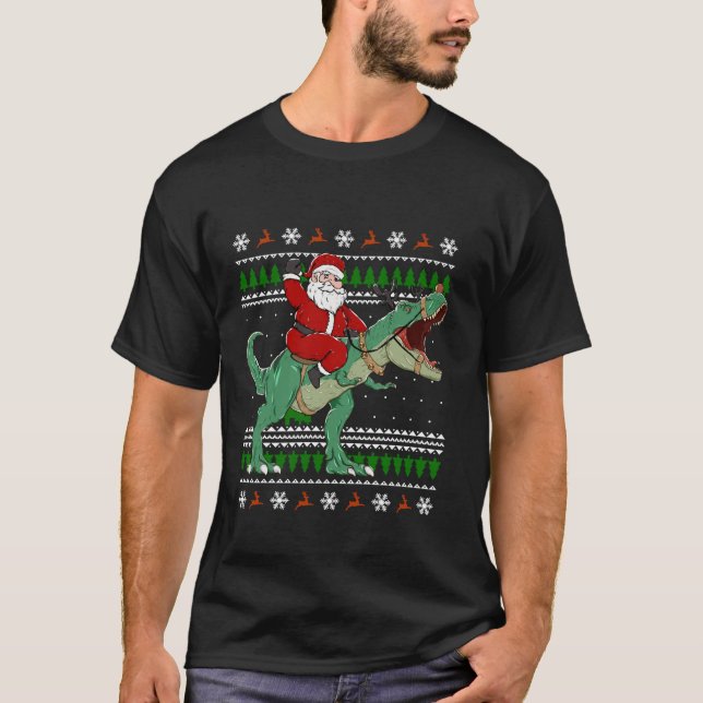 Santa Riding Dino Funny Christmas Ugly Sweater T S (Front)